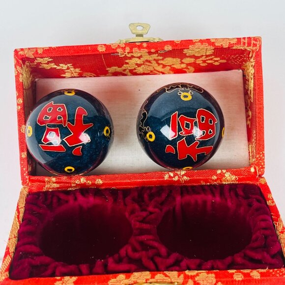 Chinese Baoding Balls In Red Silk Brocade Box For Hand Therapy Relaxation - Picture 1 of 6